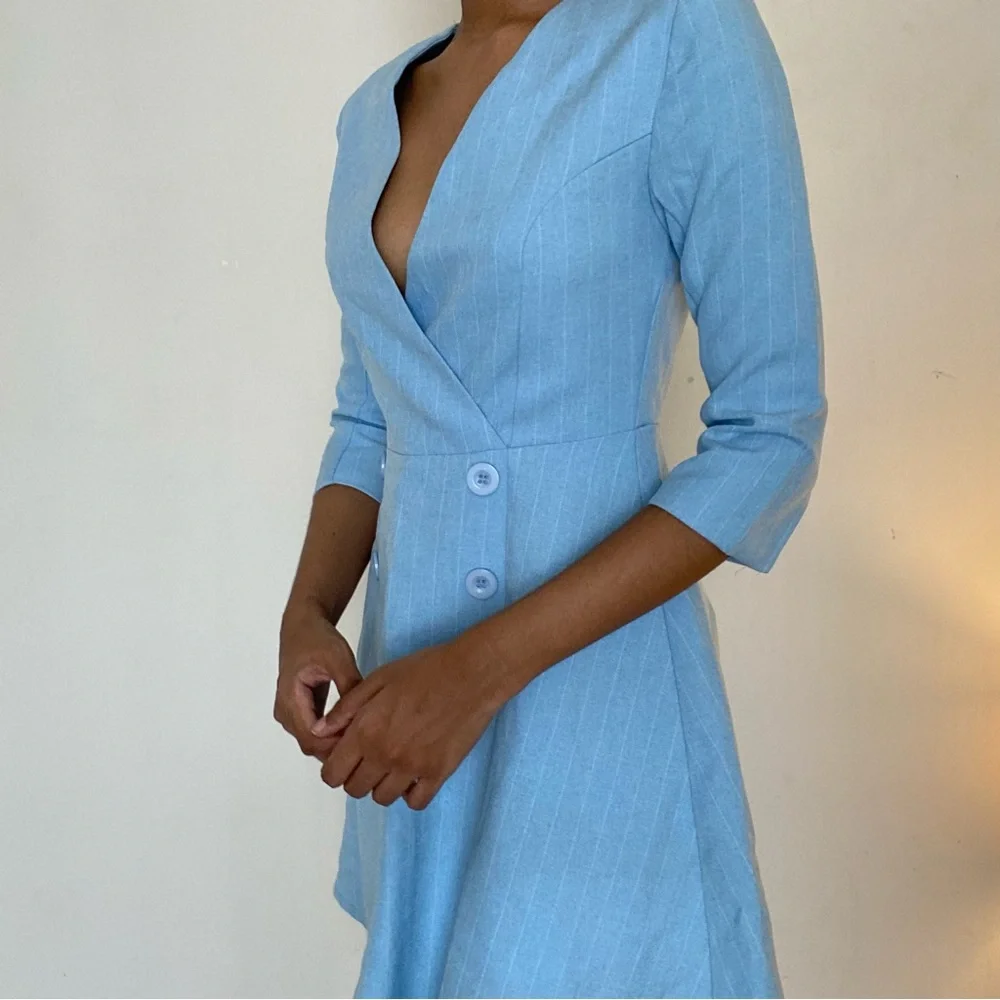 Korean brand ‘coffee and magazine’ pinstripe A line baby blue blazer dress. - Picture 2 of 6